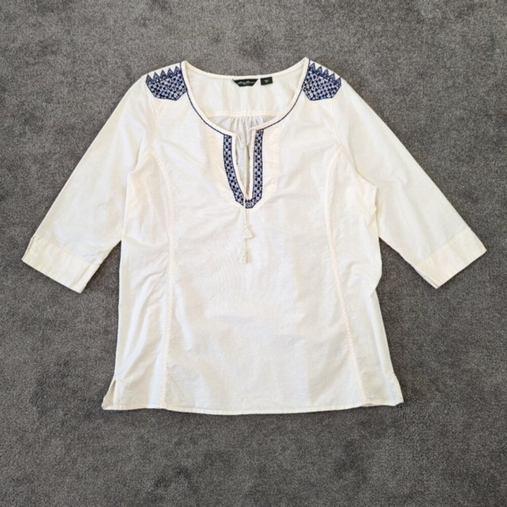 Eddie Bauer XL Women's Cream Cotton Tunic Blue Embroidery Detail Cottagecore